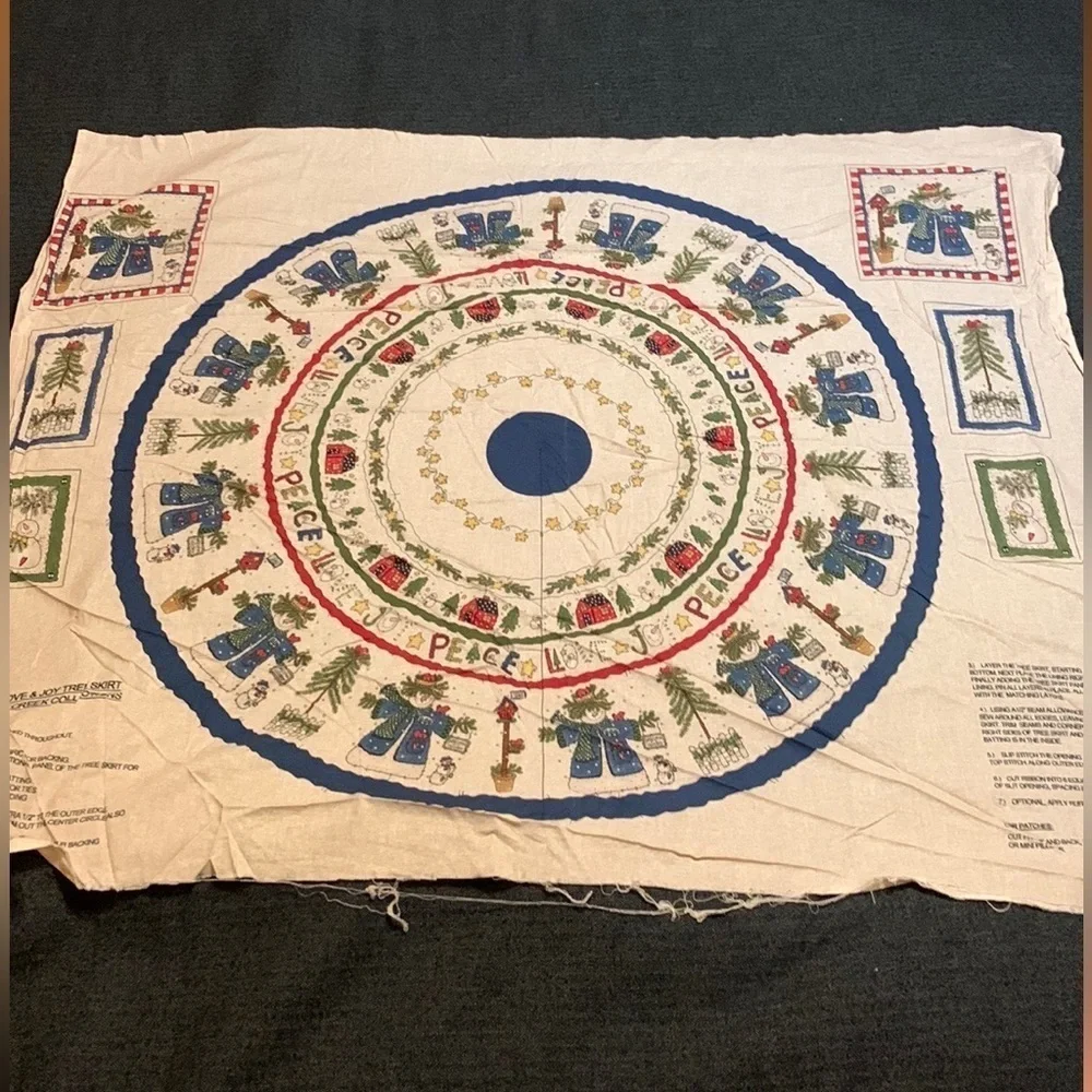 Vintage Peace Love Joy Christmas tree skirt sewing panel New